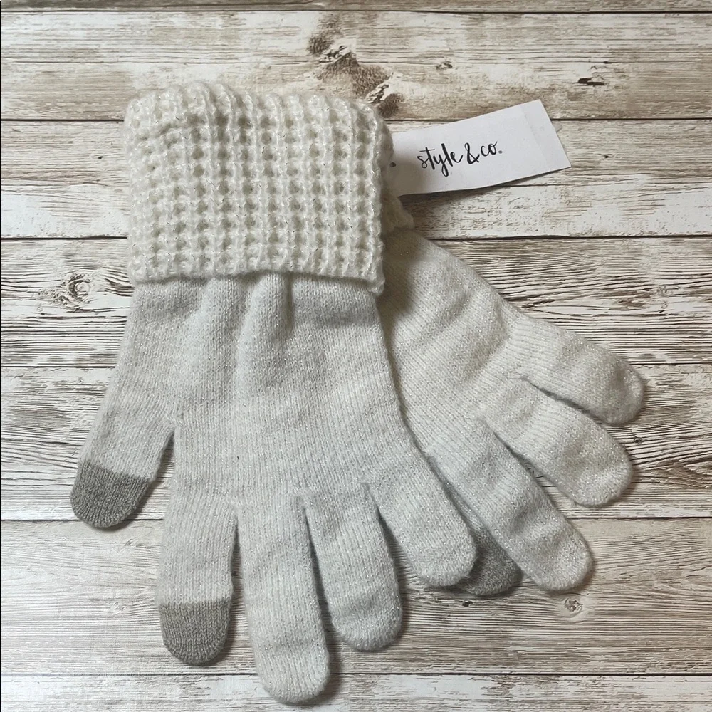 Style & Co. White Knit Gloves with Gray Tips‎ NEW O/S